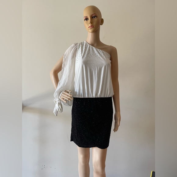 Black and White One Shoulder Ruffle Midi Pencil Dress - Picture 1 of 13